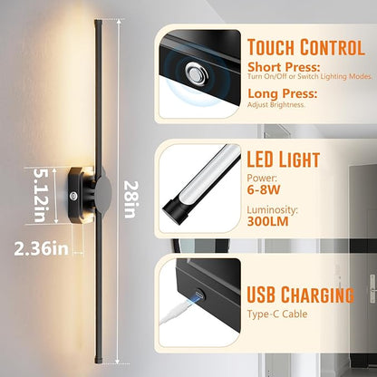HEERTTOGO Battery Operated Wall Sconce, Rechargeable Wall Light with Touch Control, 3 Color Temperatures & 3 Brightness Levels, 350° Adjustable Rotating Head, for Bedroom, Hallway, Staircase (1 Pack)