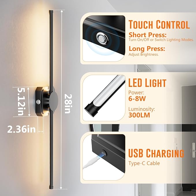 HEERTTOGO Battery Operated Wall Sconces Set of 2,10000Mah Living Room Wall Lights with Remote Control,360° Rotatable Dimmable 3-Color Temperature Led Rechargeable Wall Lamp for Bedroom,Hallway
