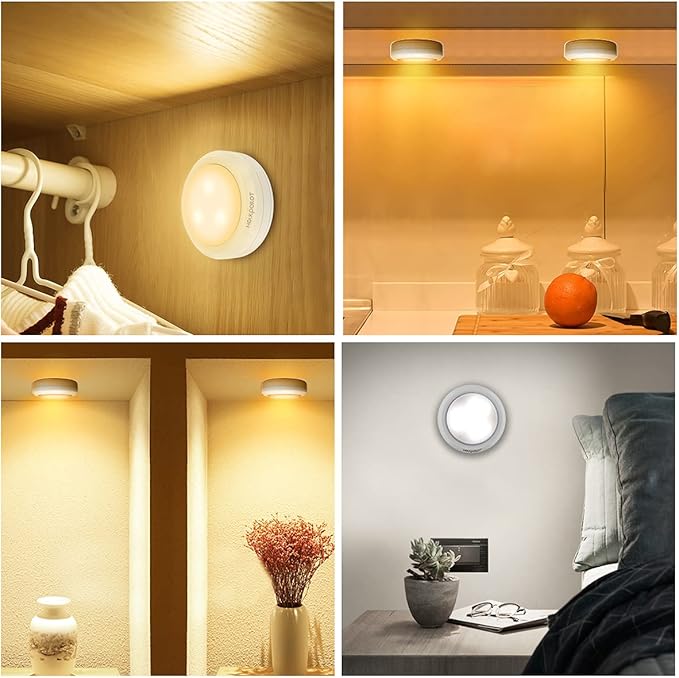 HOLKPOILOT Puck Lights with Remote Control, Under Cabinet Battery Operated, Under Counter Puck Lighting, Wireless Stick On Lights White (4pack)