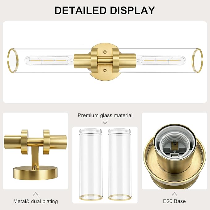 Gold Wall Sconces, Bathroom Sconces Vanity Light Fixtures with Clear Glass, Set of 2, Brushed Gold Sconces Wall Decor, for Living Room/Bathroom Corridor Mirror/Bedroom Hallway Stairwell