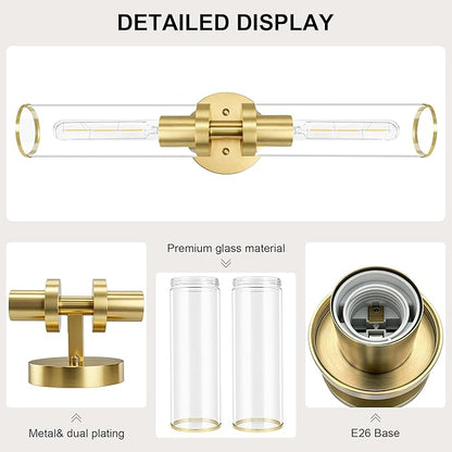 Gold Wall Sconces, Bathroom Sconces Vanity Light Fixtures with Clear Glass, Set of 2, Brushed Gold Sconces Wall Decor, for Living Room/Bathroom Corridor Mirror/Bedroom Hallway Stairwell