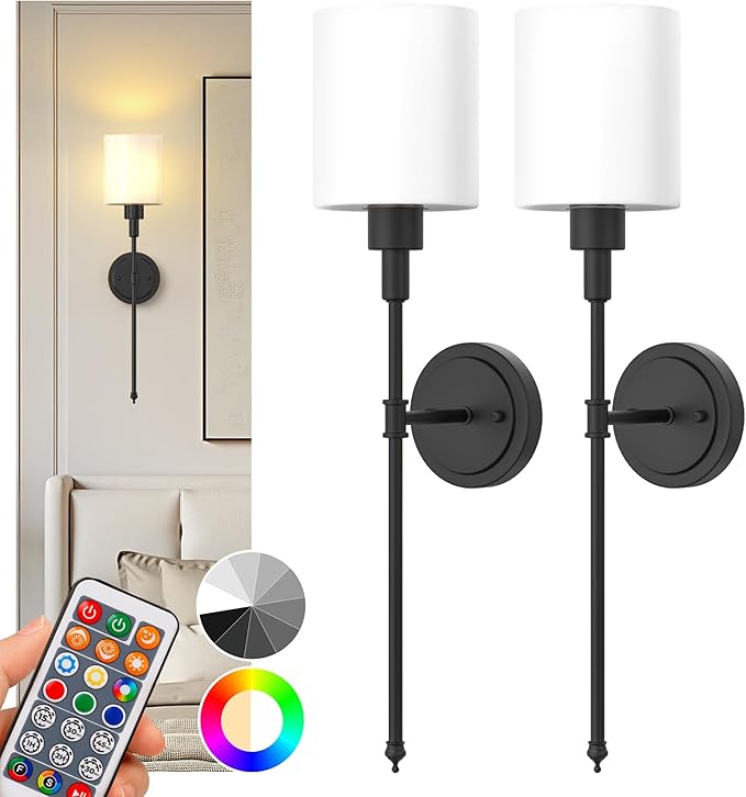DORESshop Battery Operated Wall Sconce Set of 2, Wireless Wall Light Easy to Install, 10 Color, Sconce Wall Decor Set of 2 for Bedroom, Living Room, Black and Milky White Glass Shade, 24.3in