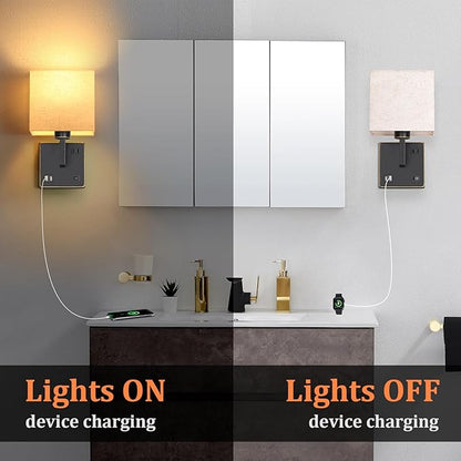AVV Wall Sconce Lighting, Bedside Wall Mount Light with USB Port, AC Outlet and 3 Color 2700K/4000K/5000K Selectable, Fabric Linen Shade, Wall Lamps for Bedroom Living Room Hotel, Hardwire, Black, 2PK
