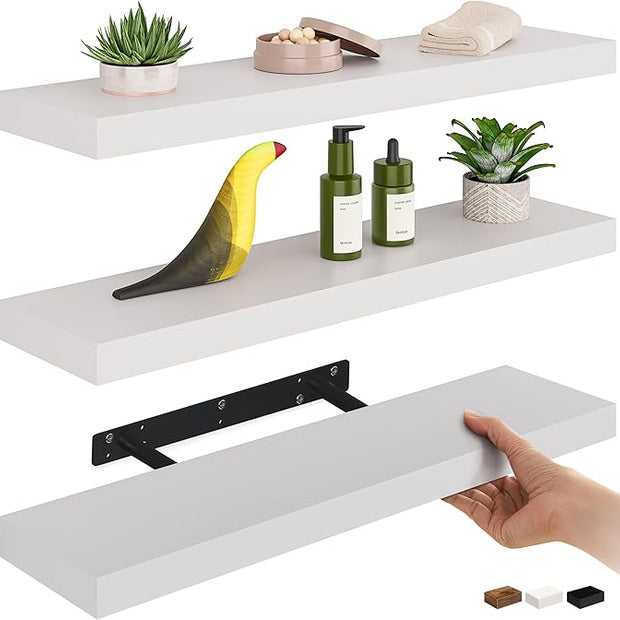 Ballucci Floating Shelves for Wall, 24" Wood Wall Shelf Set of 3, Invisible Brackets Floating Shelf, Decor Living Room, Bathroom, Bedroom, Kitchen, 6" Depth, White