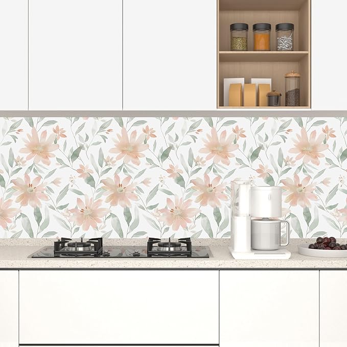 Vintage Floral Wallpaper Peel and Stick Pink Flowers Contact Paper 17.5'' x 393'' Green leaf Wallpaper Vinyl Waterproof Self Adhesive Boho Leaves Modern Wall Paper for Bedroom Cabinet Countertop Decor