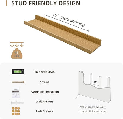 Picture Ledge Shelf, Wood Floating Shelves Set of 4, 24 inch Picture Ledge Shelves, Photo Ledge Nursery Book Shelves Wall Mounted for Living Room Kids' Room Bedroom, Color Oak