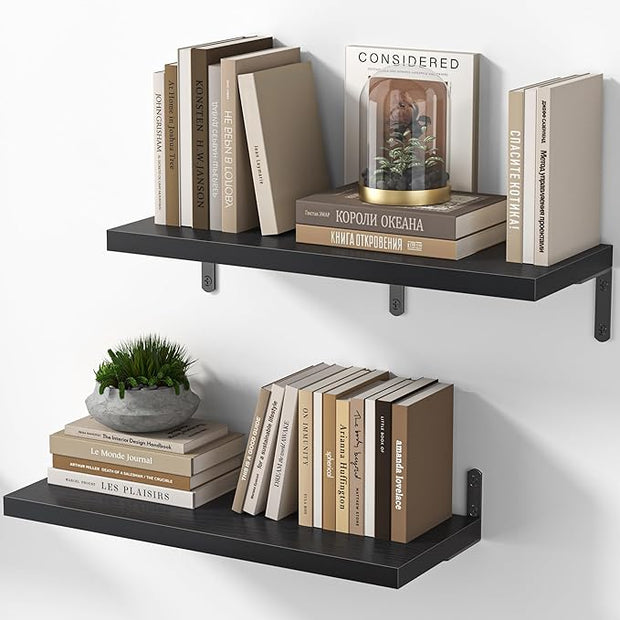 Marsmiles Extra Wide Floating Shelves for Wall, 24x8 Inch Natural Wood Grain Bookshelves, Heavy Duty Mounted Shelving for Bathroom, Kitchen, Living Room, Bedroom,Set of 2，Black
