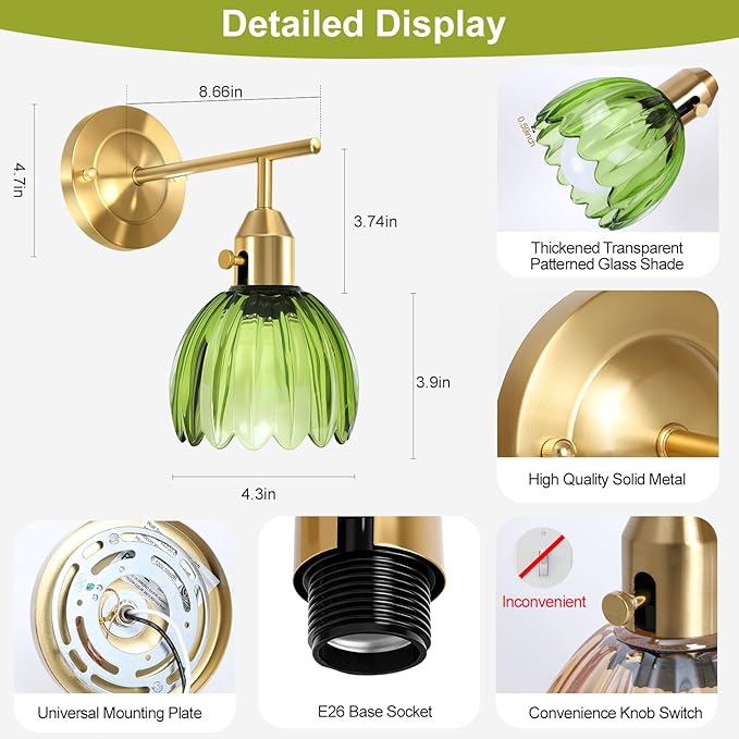 Vintage Gold Wall Sconces with Green Tulip Glass Lampshade, Hardwired and Wireless Wall Lamp (2 Usage Methods), Brass Sconces Hradwired Modern Wall Light Fixture for Bedroom Living Room
