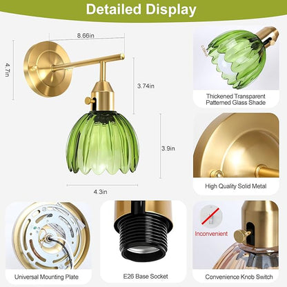 Vintage Gold Wall Sconces with Green Tulip Glass Lampshade, Hardwired and Wireless Wall Lamp (2 Usage Methods), Brass Sconces Hradwired Modern Wall Light Fixture for Bedroom Living Room
