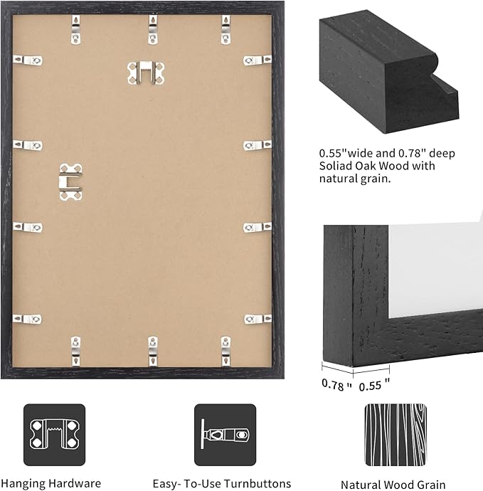 puthiac 24x36 Solid Oak Wood Picture Frame, No Mat, Wall Display Only, Vertical or Horizontal, Plexi Front, 3 Pack, Black