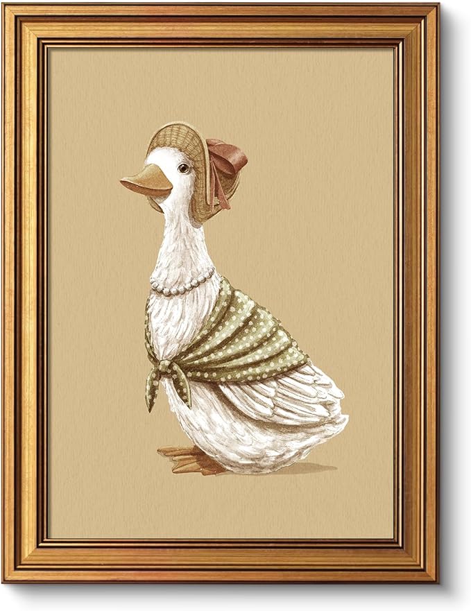 VIYYIEA Gold Framed Art Prints,12x16Inch, Dressed Duck Vintage Art Painting, Cottagecore Farmhouse Decor for Nursery Kids Room Playroom Bedroom, Rustic Whimsical Canvas Picture