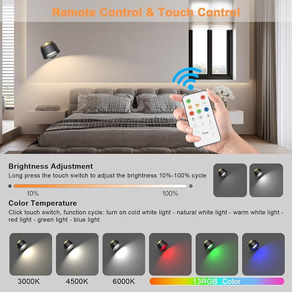 Moobibear LED Wall Lights with Remote, 3500mAh Rechargeable Battery Operated Wall Sconce, Dimmable 13RGB + 3 Color Temperature Magnetic Wireless Wall Lamp, for Rooms, Hallway (Black, 2 PCS)