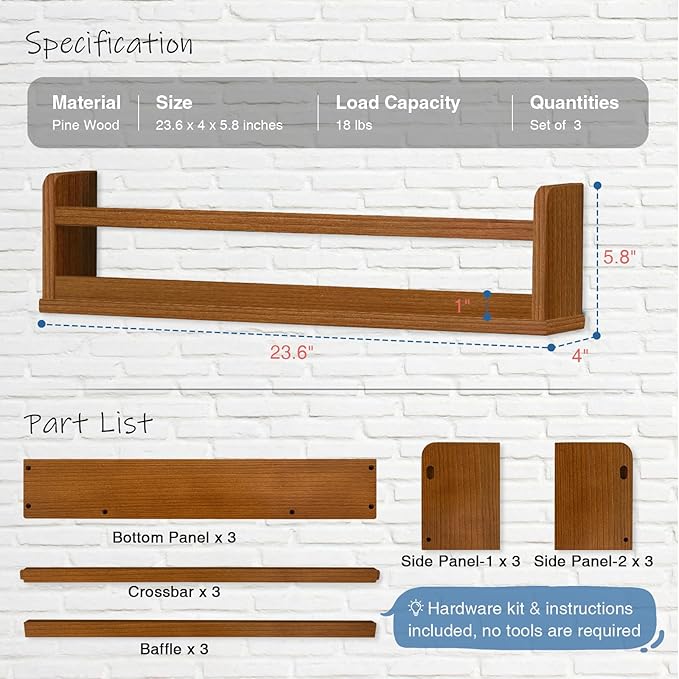 Floating Nursery Book Shelves Wall Mounted, Wooden Wall Bookshelf for Kids Room, Dark Wood Hanging Book Shelf for Baby Toddler Childrens Bedroom (24 Inch, Walnut Brown, Set of 3)