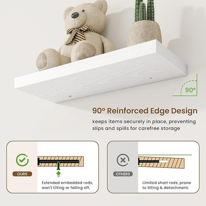 24in Floating Shelves for Wall, 24"W x 9.25"D x 1.25"H, 2 Pack Long Wall Mounted Engineered Wood Shelves with Invisible Brackets for Living Room, Bedroom, Bathroom, Kitchen Decor and Storage, White