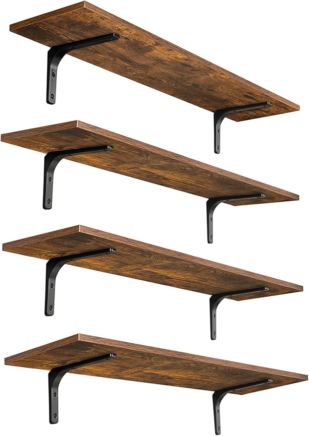 DINZI LVJ Long Wall Shelves, 31.5Inch Wall Mounted Shelves Set of 4, Extra Large Floating Storage Ledges with Sturdy Metal Brackets for Living Room, Bathroom, Bedroom, Kitchen, Rustic Brown