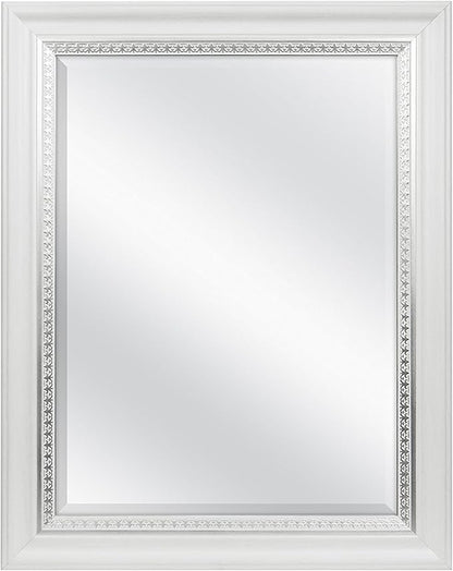 MCS 23x29 Large Wall Mirror, White Woodgrained Frame with Silver Embossed Detail & Beveled Detail Mirror, Vertical & Horizontal Wall Hanging Mirror for Bathroom, Bedroom & Livingroom