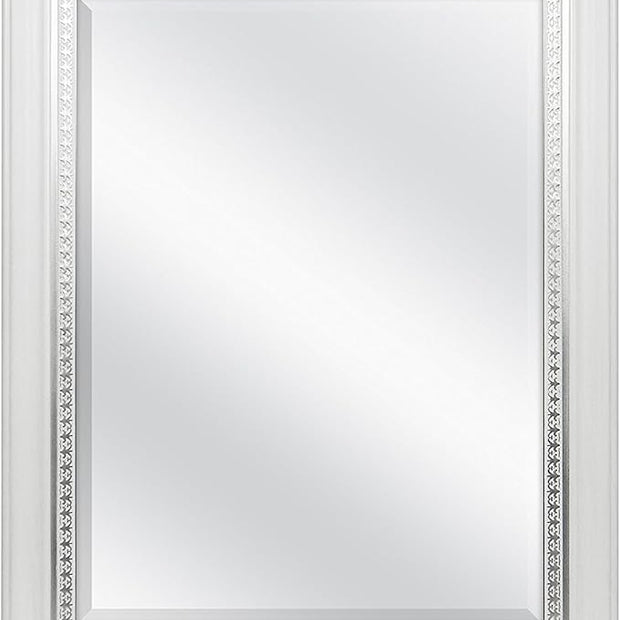 MCS 23x29 Large Wall Mirror, White Woodgrained Frame with Silver Embossed Detail & Beveled Detail Mirror, Vertical & Horizontal Wall Hanging Mirror for Bathroom, Bedroom & Livingroom