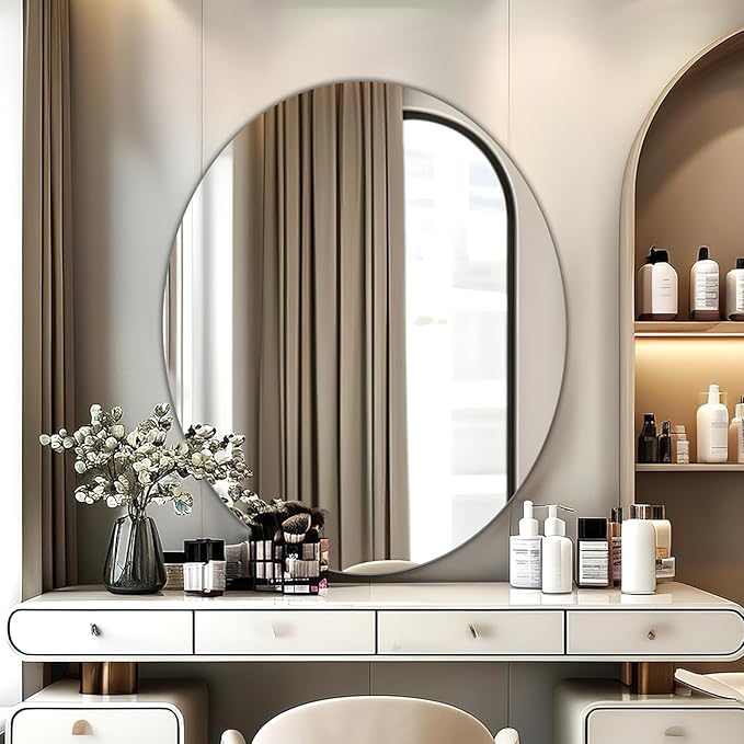 JUNEBRUSHS Oval Mirror, Acrylic Oval Bathroom Mirrors Unbreakable Frameless Wall-Mounted Mirrors for Wall Bedroom Home Decor