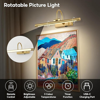 24" Wireless Battery Operated Picture Light for Wall Brass Gold Rechargeable Wall Light with Remote and Timer 9000mAh Art Light for Paintings 3CCT Dimmable Art Light for Pictures Display