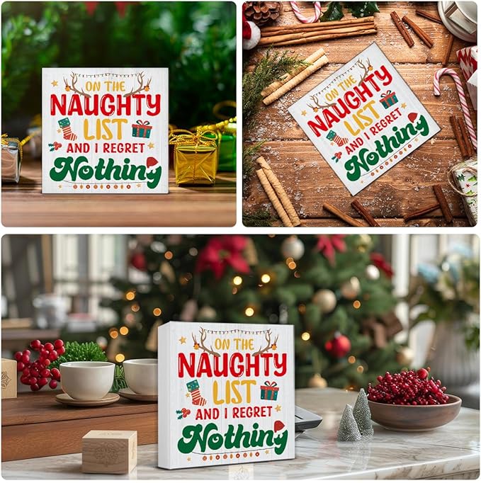 Funny Christmas Decor, Christmas Farmhouse Art Home Decorations, Plaque on the Naughty List and I Regret Nothing Black Wooden Sign Rustic Home Shelf Desk Decor 5 x 5 Inches