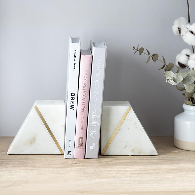 Cork & Mill Marble Book Ends for Shelves, Decorative Bookends for Heavy Books, Unique Mid Century Modern White and Gold Bookends with Brass Inlay, Heavy Duty Bookshelf Stopper, Set of 2