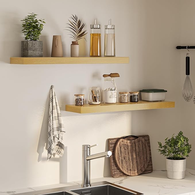 36 Inch Floating Shelves for Wall, Wooden Wall Mounted Display Shelves with Invisible Brackets for Living Room, Bedroom, Bathroom, Kitchen Decor and Storage, Set of 2, Oak