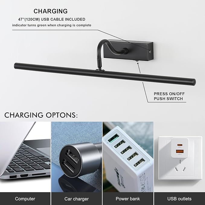 Black Picture Light, 24inch Wireless Picture Lights for Wall Rechargeable, 10000mAh Battery Wall Light with Remote, 3 Color Art Lighting for Paintings with Timer and Dimmable for Display, Gallery