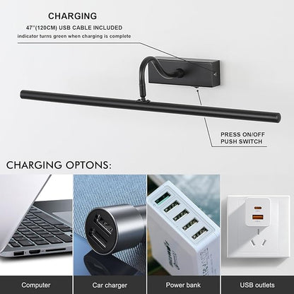 Black Picture Light, 24inch Wireless Picture Lights for Wall Rechargeable, 10000mAh Battery Wall Light with Remote, 3 Color Art Lighting for Paintings with Timer and Dimmable for Display, Gallery