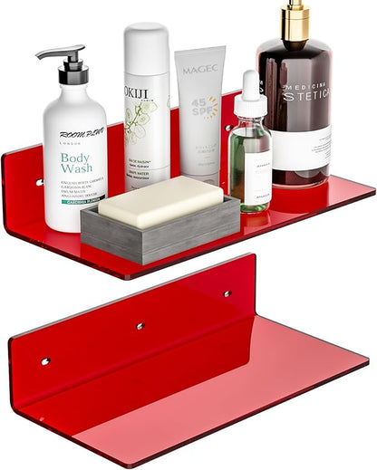 12 Inches Red Small Wall Shelves, Acrylic Bathroom Floating Shelves for Living Room, Bathroom, Bedroom, 2 Pack