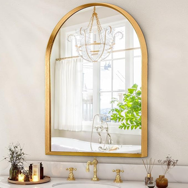 Arched Mirrors for Wall, White Bathroom Mirror Brushed Metal Vanity Wall Mounted Mirror for LivingRoom Bedroom Entryway Room Vanity Home Decor 26"x18"