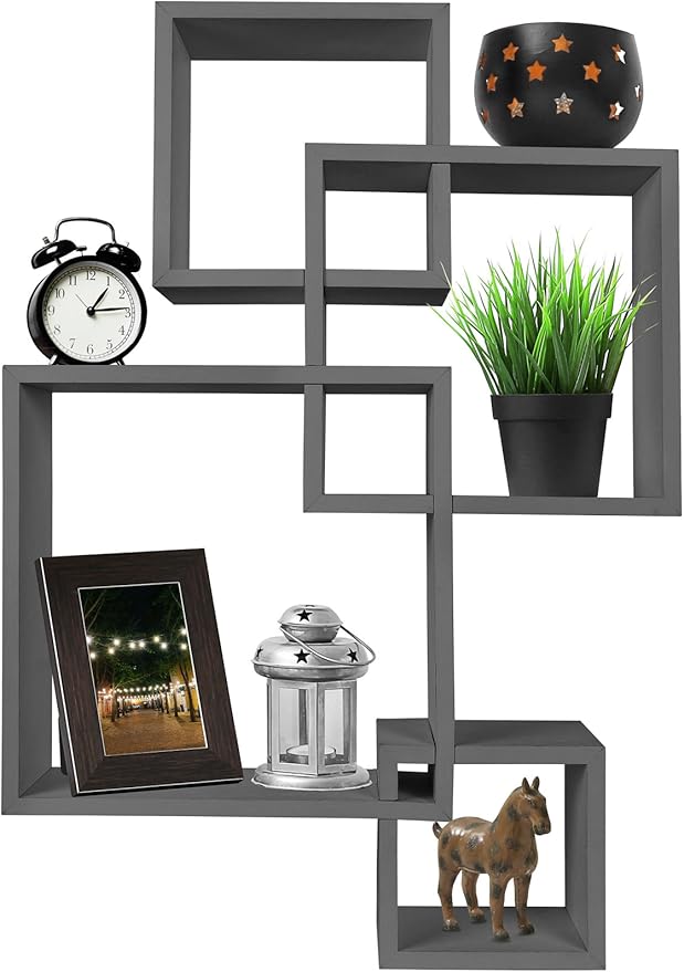 Greenco Gray Floating Cube Shelves - Intersecting Wall Mounted Shelves - Bedroom Decor for Men - Wall Decor Square Shelves for Bedrooms, Living Rooms & More - Set of 4 Box Shelves