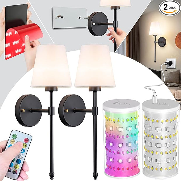 Peel and Stick Wall Sconces, Stick On Wall Sconce Set of 2, Battery Operated Wireless Wall Light, No Drill Adhesive Wall Lamp, Corn Bulb with 10000mAh Rechargeable Battery, Bedroom Wall Decor