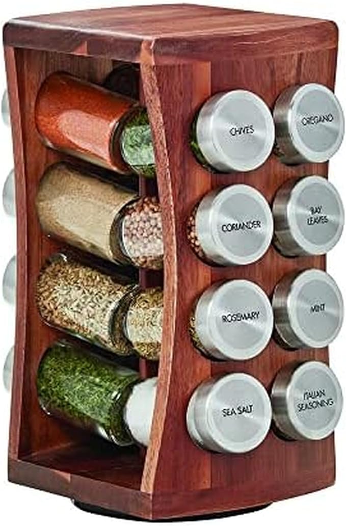 Kamenstein 16 Jar Hourglass Revolving Countertop Spice Rack with Spices Included, FREE Spice Refills for 5 years, Acacia with Stainless Steel Caps,Brown