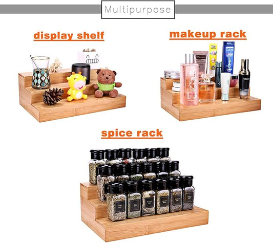 Bamboo Spice Rack Organizer for Cabinet 3 Tier Countertop Step Spice Shelf for Kitchen Storage and Organizer, Step Display Rack for Toy/SkinCare/Healthy Care, 2 Pack Step Rack