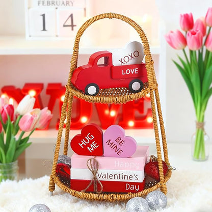 AKEROCK Valentines Day Decorations, Valentines Day Decor - Wooden Valentine Sign & Red Truck & 3 Heart Decor for Table, Tiered Tray, Office Desk, Mantel, Valentine Decorations for Home