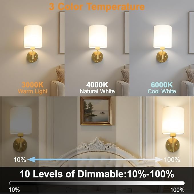 Battery Operated Wall Sconces Set of Two, Wireless Battery Wall Lamp with Remote Control, 12 Colors RGB Magnetic Bulb, Rechargeable Gold Wall Sconce for Bedroom Living Room Hallway