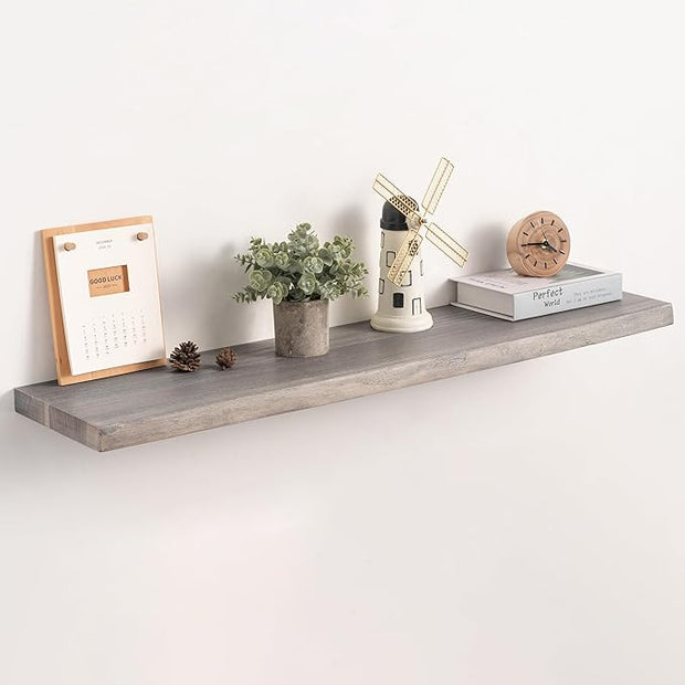 Live Edge Floating Shelf, 40 Inch Solid Elm Wood - Weathered Gray Rustic Wood Wall Shelf with Invisible Brackets for Living Room, Kitchen, Bathroom