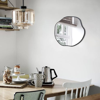 POZINO Irregular Shaped Mirror, 16" Small Asymmetrical Mirrors, Black Scalloped Rounded Mirror, Modern Frameless Abstract Mirrors for Bathroom Living Room Bedroom Entryway Fireplace