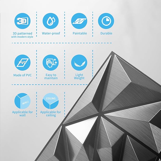 Art3d 33-Pack 3D Wall Panels - Diamond Textured Feature Paneling for Gaming, Living Room, TV Wall - 12 x 12 inch Silver