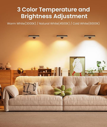 Rechargeable LED Wall Sconces 7500mAh Battery Operated Wall Lamps for Bedroom, Touch and Remote Control, 3 Colors Wall Lights 360° Rotate Dimmable Brightness with 15 RGB Colors,Black 4 Pack