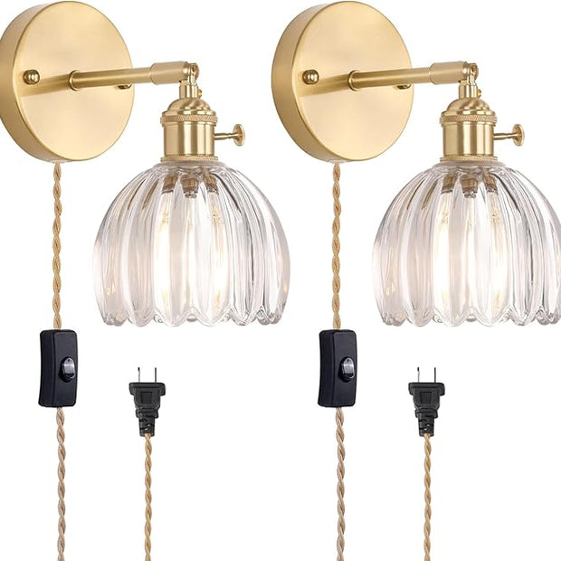 Plug in Wall Sconce, Transparent Tulip Glass Lampshade Wall Light Plugin Corded for Bedside Bedroom Doorway, 2 Pack