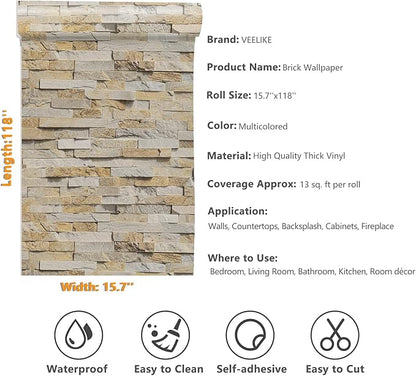 VEELIKE Slate Brick Wallpaper Peel and Stick Vintage Faux Brick Contact Paper for Dollhouse Fireplace Accent Walls 15.7''x354'' Self Adhesive Removable 3D Stone Wallpaper for Bedroom Bathroom Kitchen
