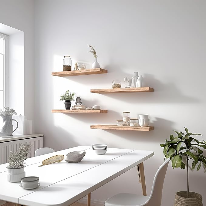 Light Wood Floating Shelves for Wall Rustic Wall Shelf for Bedroom Living Room Set of 6