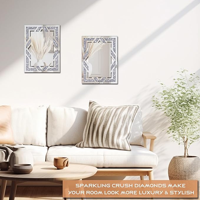 2 Piece Rectangular Hollow Crushed Diamond Decorative Mirror, Silver Crushed Diamond Mirror Decor Wall for Living Room Bedroom Bathroom (11”x15”)