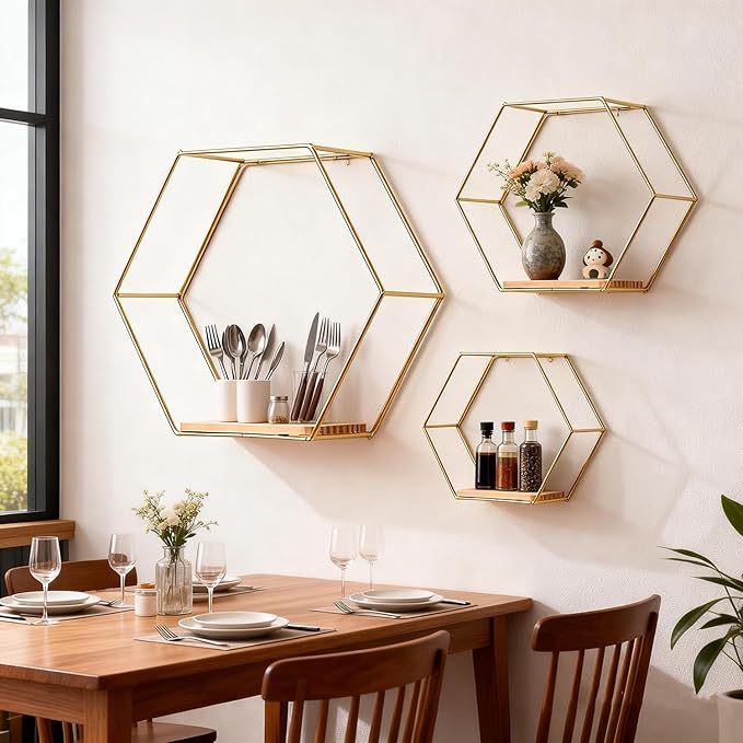 3 Pieces Hexagon Floating Shelves, Hexagon Wall Shelves, Gold Metal Wall Shelves with Wooden Panels – Modern Wall Decor for Bedroom, Living Room & Office Storage (Gold)