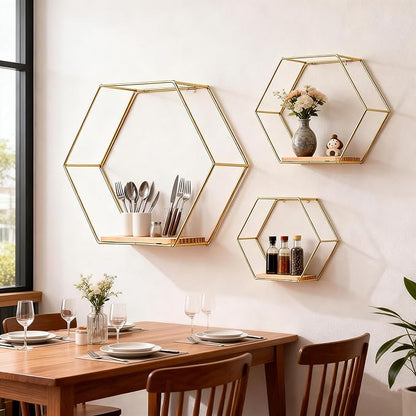 3 Pieces Hexagon Floating Shelves, Hexagon Wall Shelves, Gold Metal Wall Shelves with Wooden Panels – Modern Wall Decor for Bedroom, Living Room & Office Storage (Gold)