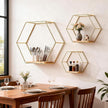 3 Pieces Hexagon Floating Shelves, Hexagon Wall Shelves, Gold Metal Wall Shelves with Wooden Panels – Modern Wall Decor for Bedroom, Living Room & Office Storage (Gold)