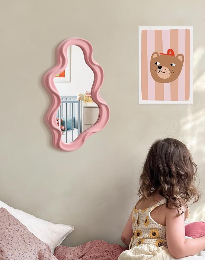 Wavy Mirror Wall Decor for Girly Bedroom, Small Cute Abstract Decorative Mirrors for Modern Apartment Nursery Room Decoration, Hanging Wall Art Above Dresser Desk Table Decor (Light Pink)