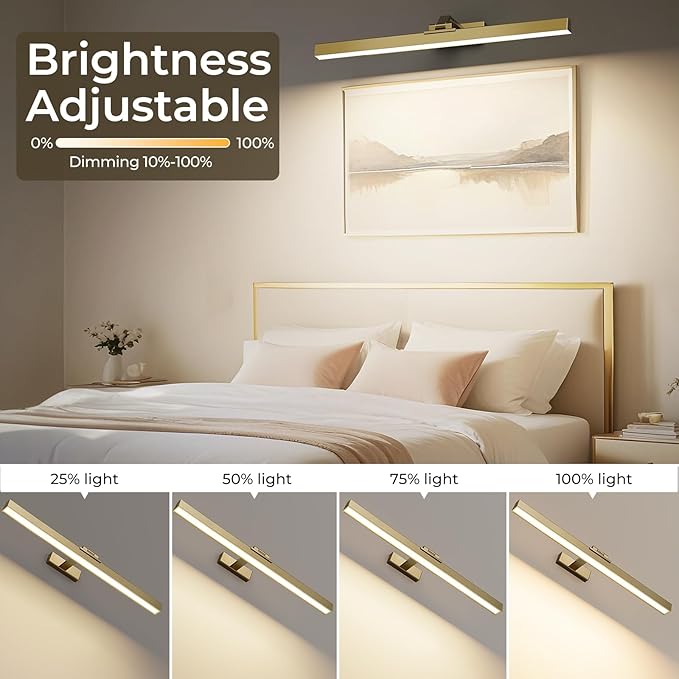 Picture Lights for Wall, Brushed Gold Battery Operated Picture Light 24in Art Light CCT Dimmable Recharging Battery Wall Light with Remote Control for Living Room Gallery