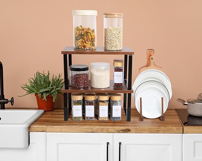 Marsui 4 Pcs Kitchen Organizer Accessories Set Cabinet Organizer Shelf and Bamboo Dish Drying Plate Rack Counter Shelves Storage Holder for Spice Rack, Dish, Pot Lid, Bowl, Cup(Deep Color)